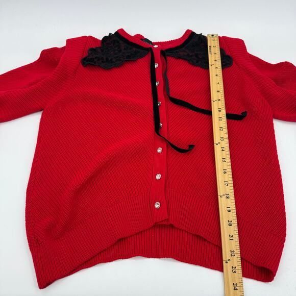 H HALSTON Womens Lace Yoke Wool Blend Cardigan Size L Red Black Whimsygoth - Picture 8 of 8